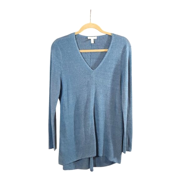 Eileen Fisher Blue Organic Linen Blend V-neck Hi-lo Tunic Sweater Women's Medium - Picture 4 of 9